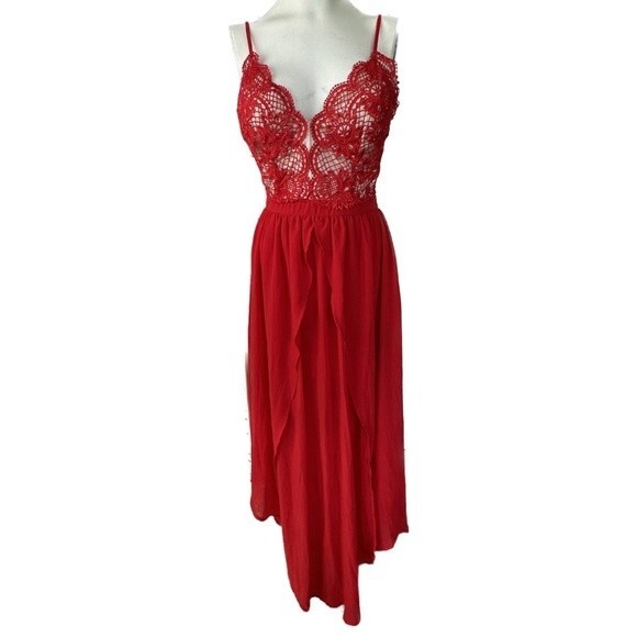 Latulle Red Lace Embroidered Applique Sheer Chiffon Flowy Front Slits Prom Dress